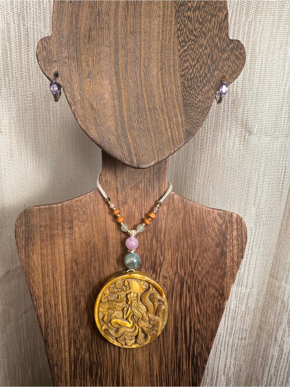 Tiger’s Eye Fairy Pendant with Kunzite and Moss Agate on Adjustable Beaded Rope - Picture 5 of 12
